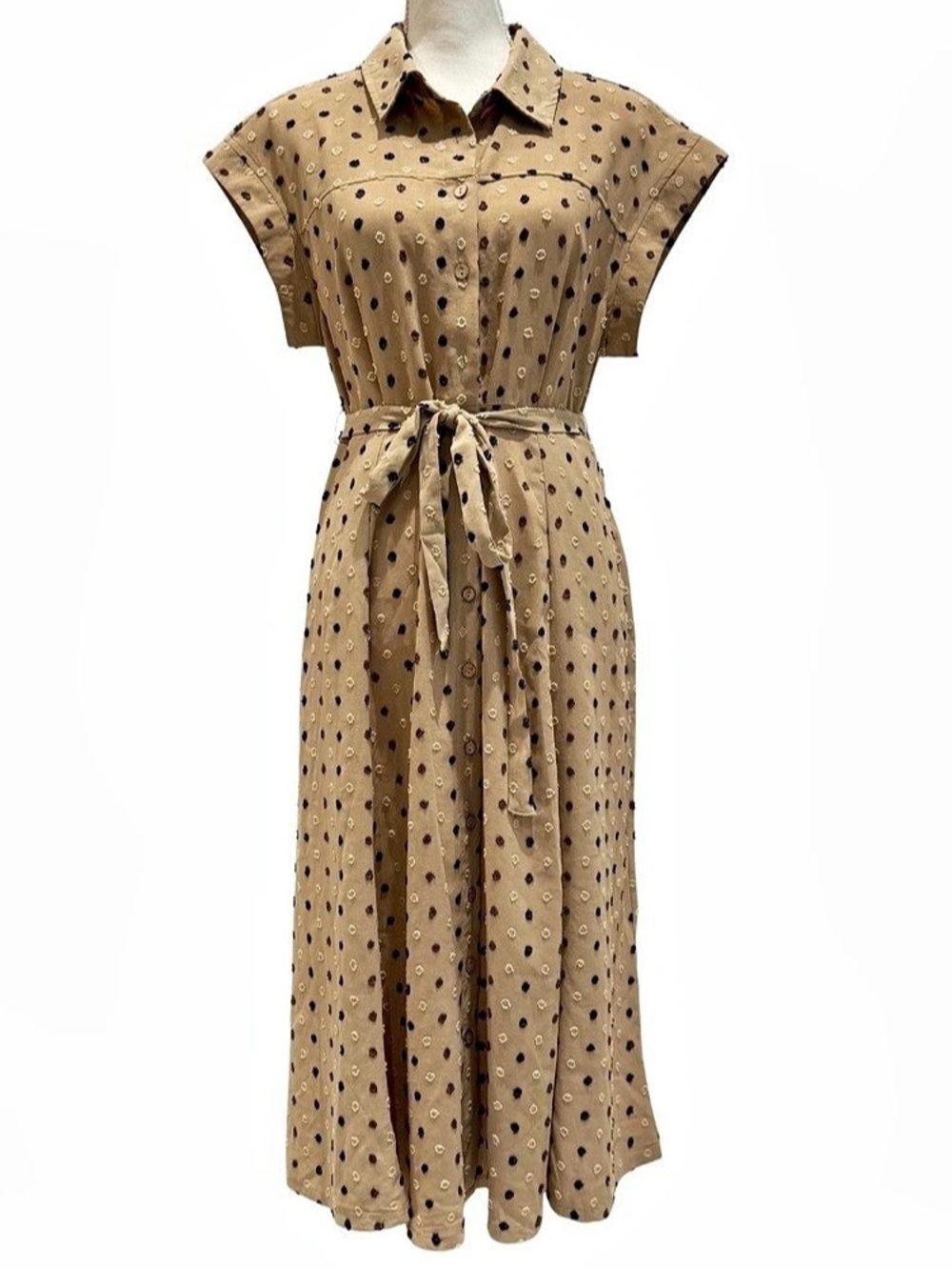 Nina Leonard Beige Polka Dot Midi Dress - Size Medium - Like New!